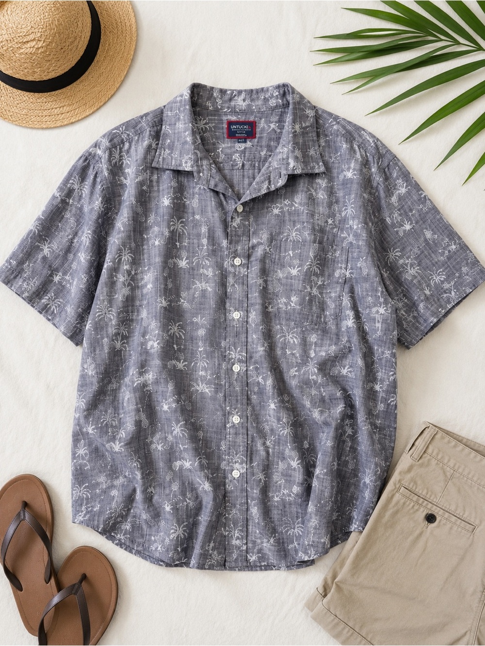 UNTUCKit Rivata Gray Tropical Palm Print Cotton Short Sleeve Button Up Shirt 2XL